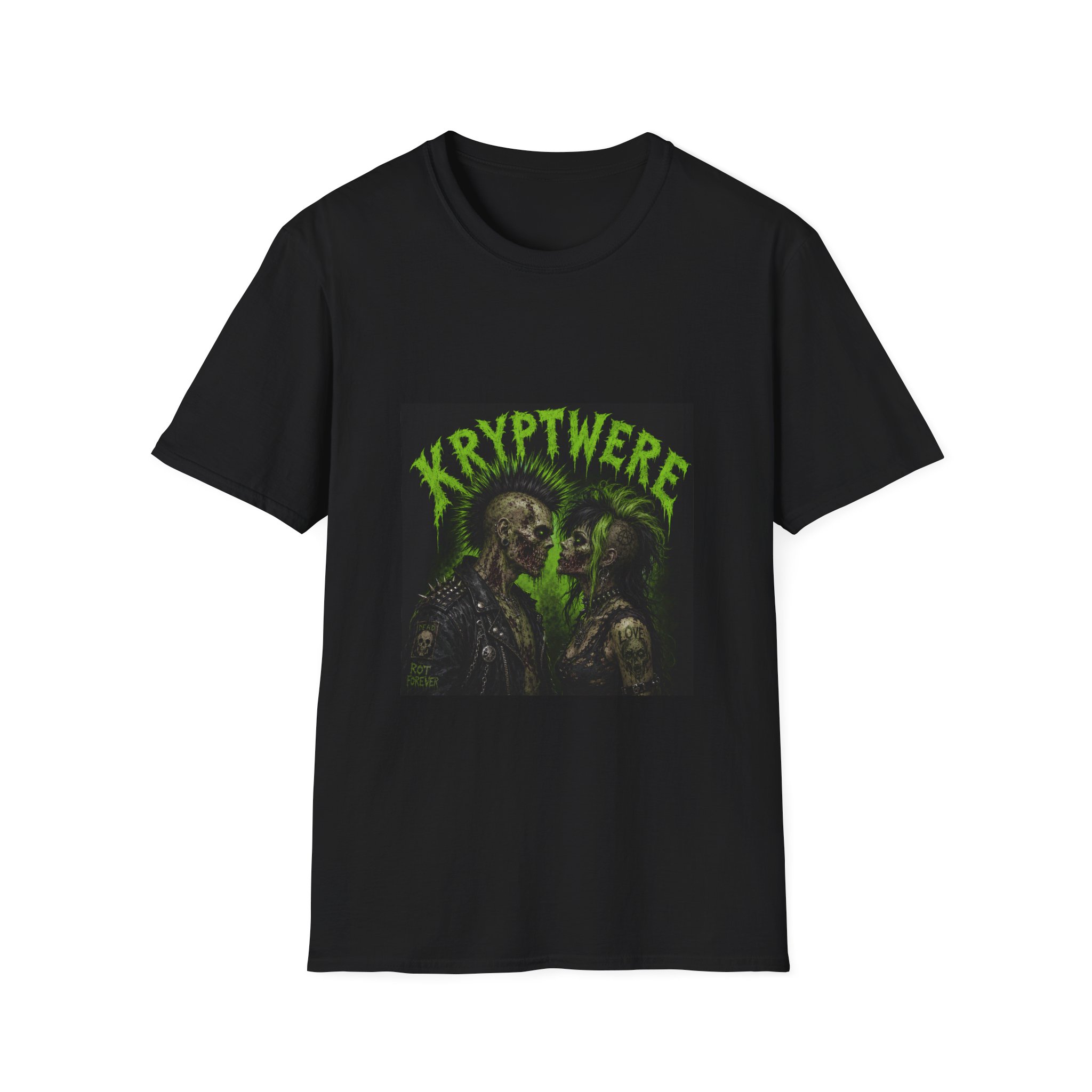 Kryptwere Horror Couple T-Shirt — Neon Green Werewolf Vampire Design - Image 2